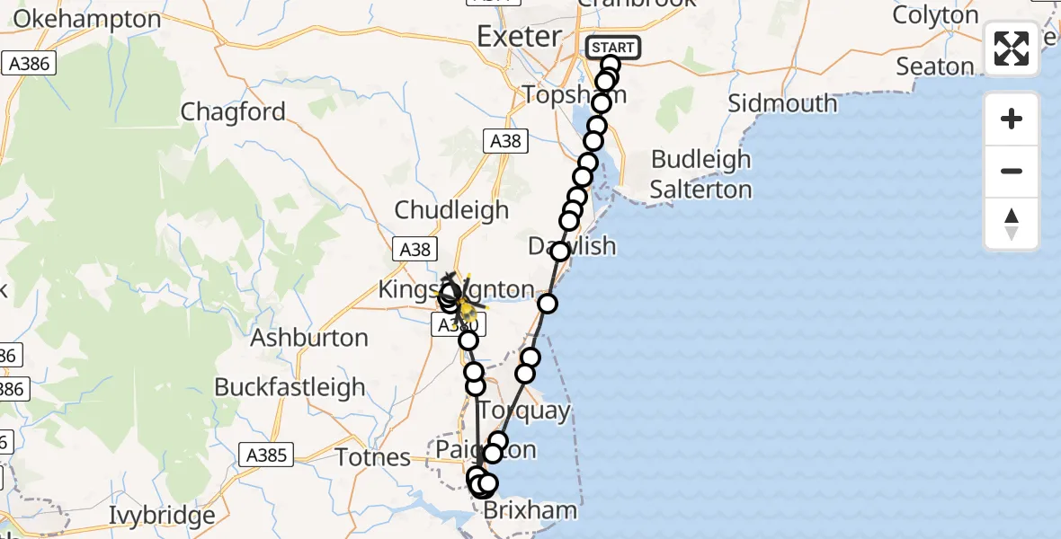 Flight path map showing Police Helicopter route from Clyst Honiton to Teignbridge