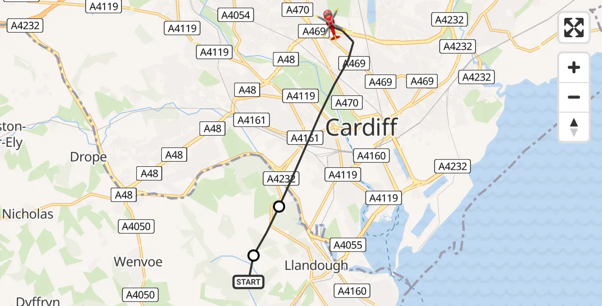 Routekaart van de vlucht: Air Ambulance Helicopter to Cardiff, Dame Shirley Bassey Way