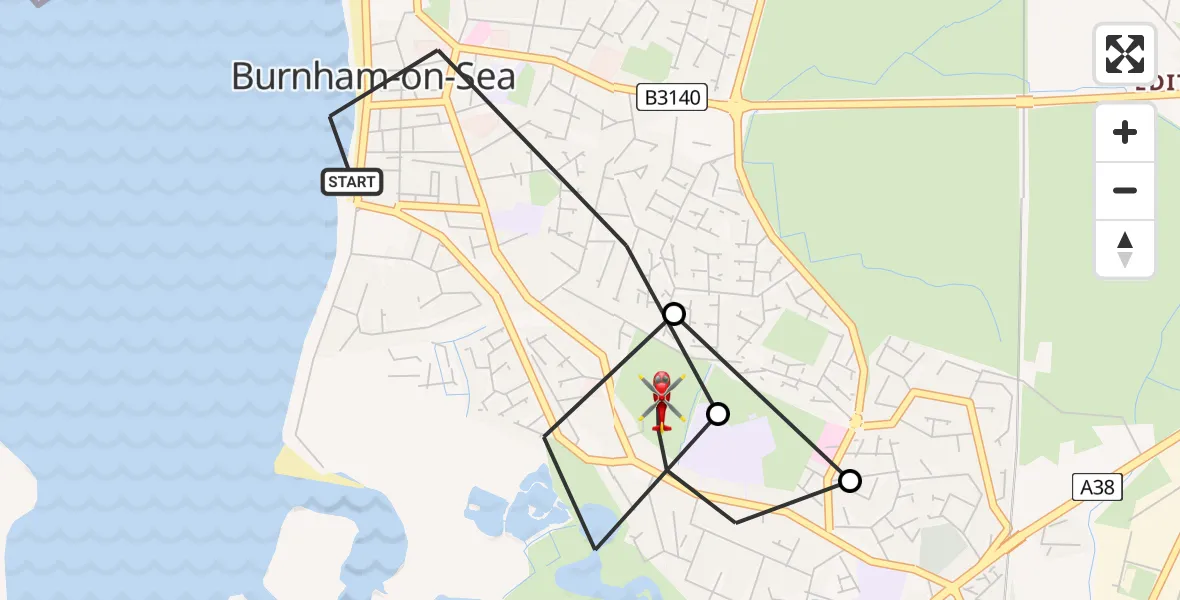 Flight path map showing Air Ambulance Helicopter route from Burnham-on-Sea to Highbridge