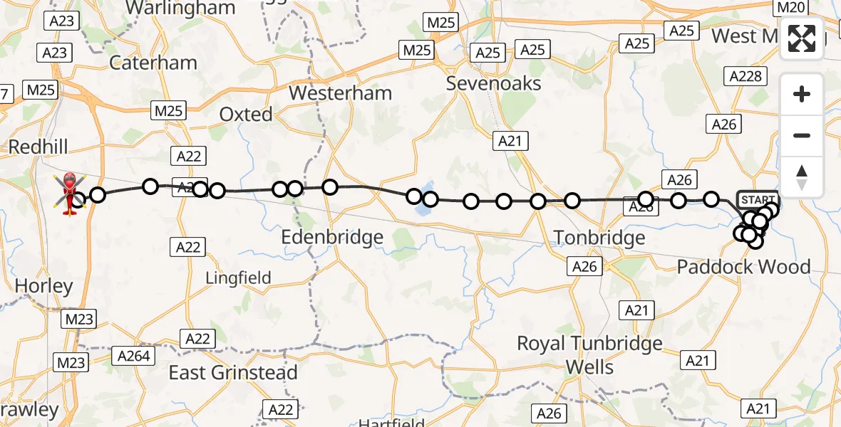 Flight path map showing Air Ambulance Helicopter route from East Peckham to Redhill Aerodrome