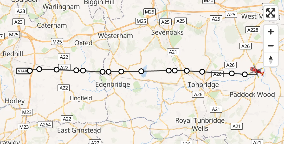 Flight path map showing Air Ambulance Helicopter route from Redhill Aerodrome to East Peckham