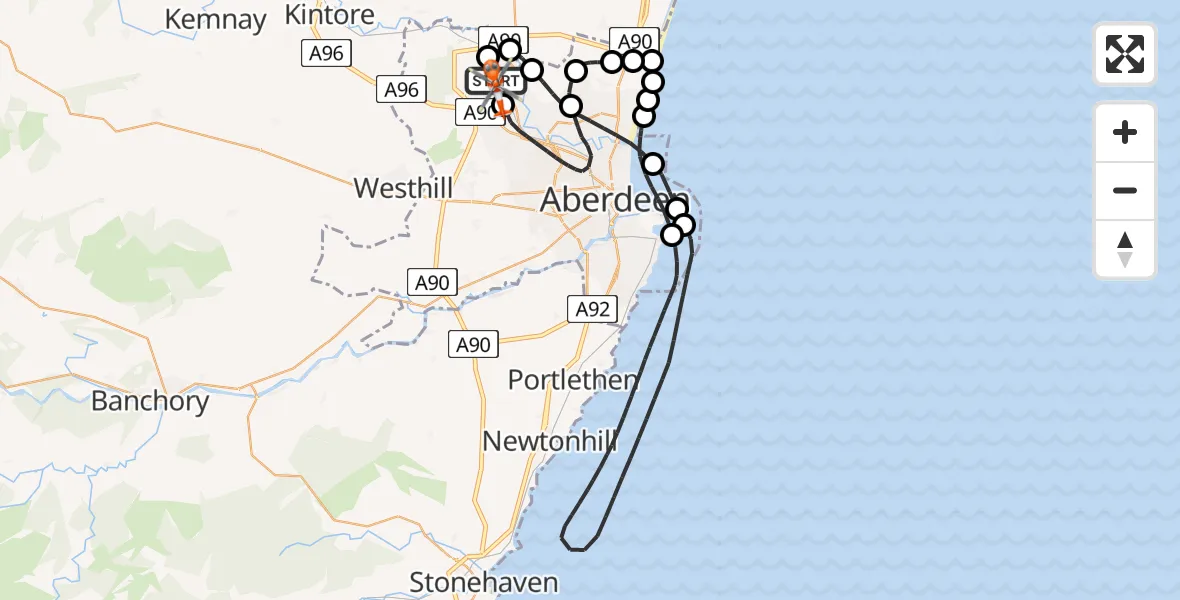 Flight path map showing Coastguard Helicopter route from Aberdeen International Airport to Aberdeen International Airport