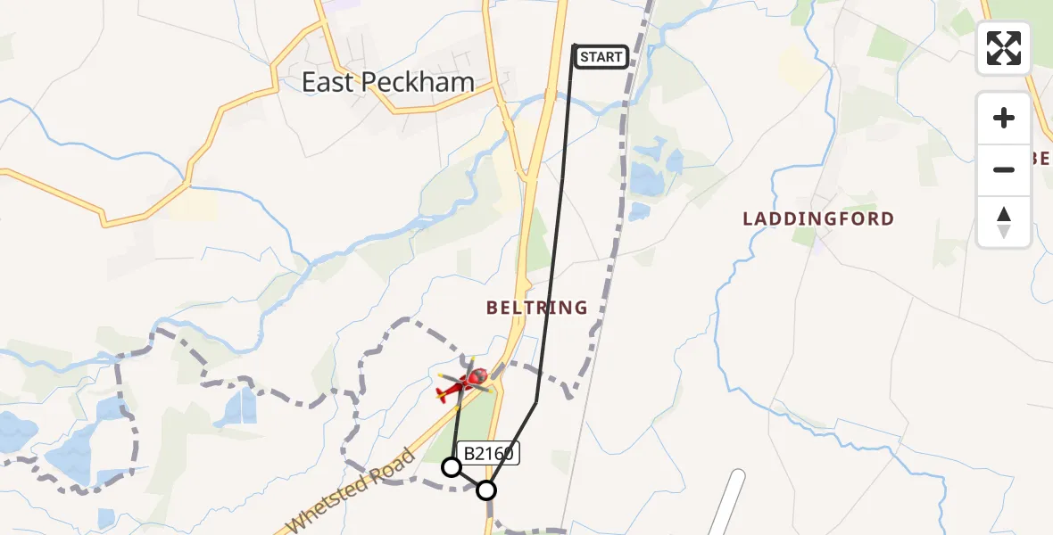 Flight path map showing Air Ambulance Helicopter route from East Peckham to East Peckham