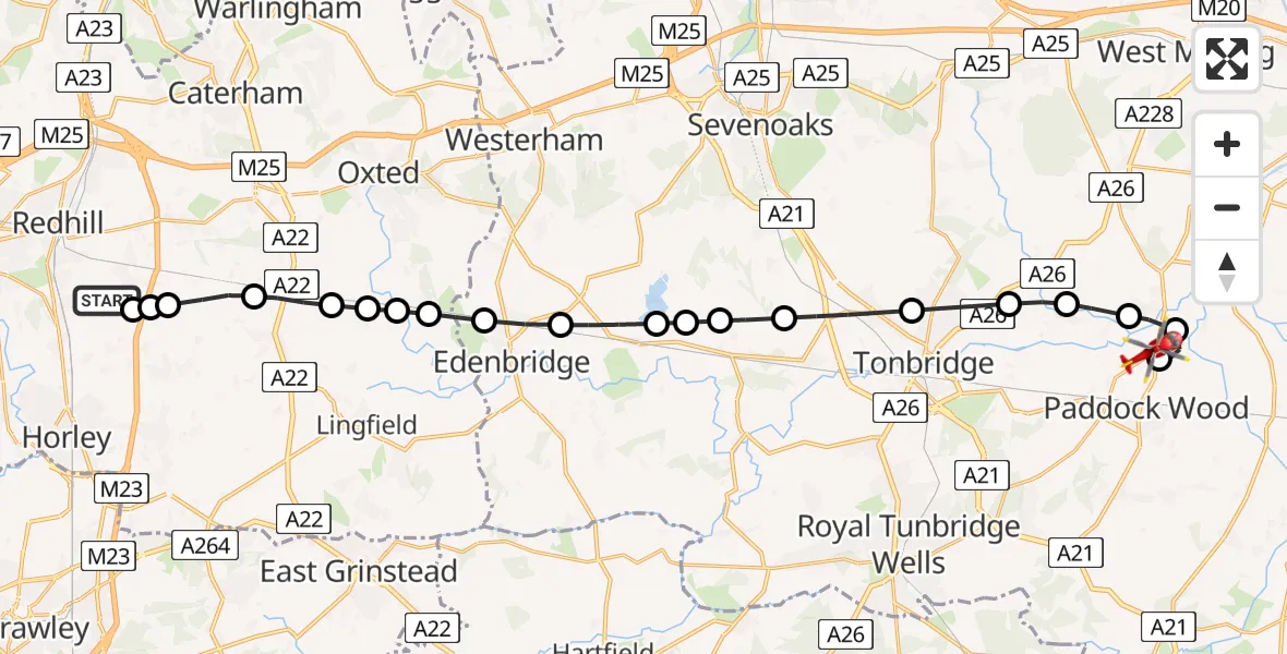 Flight path map showing Air Ambulance Helicopter route from Redhill Aerodrome to East Peckham