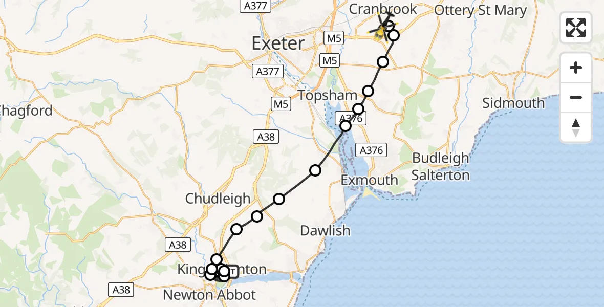 Flight path map showing Police Helicopter route from Kingsteignton to Rockbeare