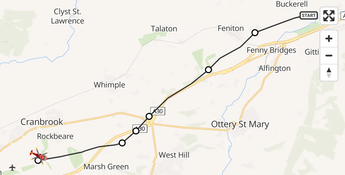 Flight path map showing Air Ambulance Helicopter route from Buckerell to Rockbeare