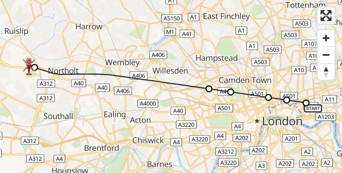 Flight path map showing Air Ambulance Helicopter route from Royal London Hospital to RAF Northolt