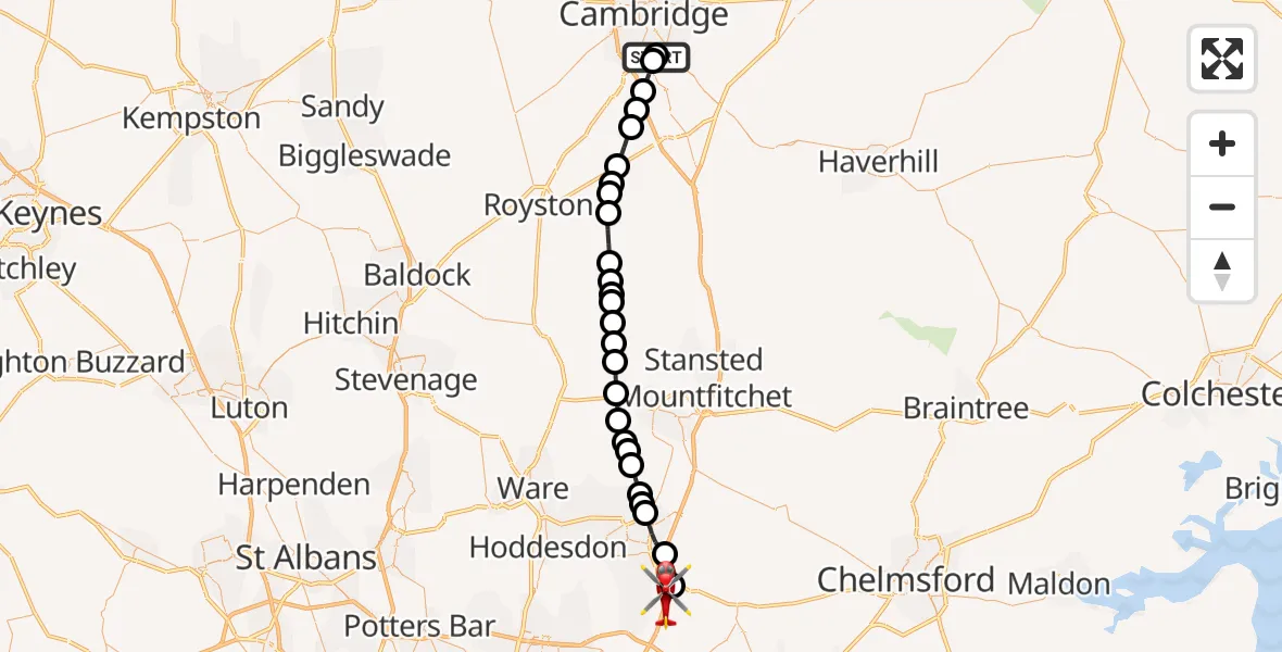 Flight path map showing Air Ambulance Helicopter route from Papworth Hospital to North Weald Airfield