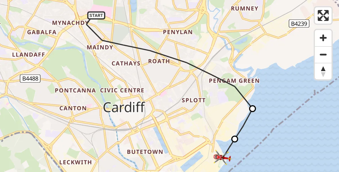 Flight path map showing Air Ambulance Helicopter route from Cardiff to Cardiff Heliport