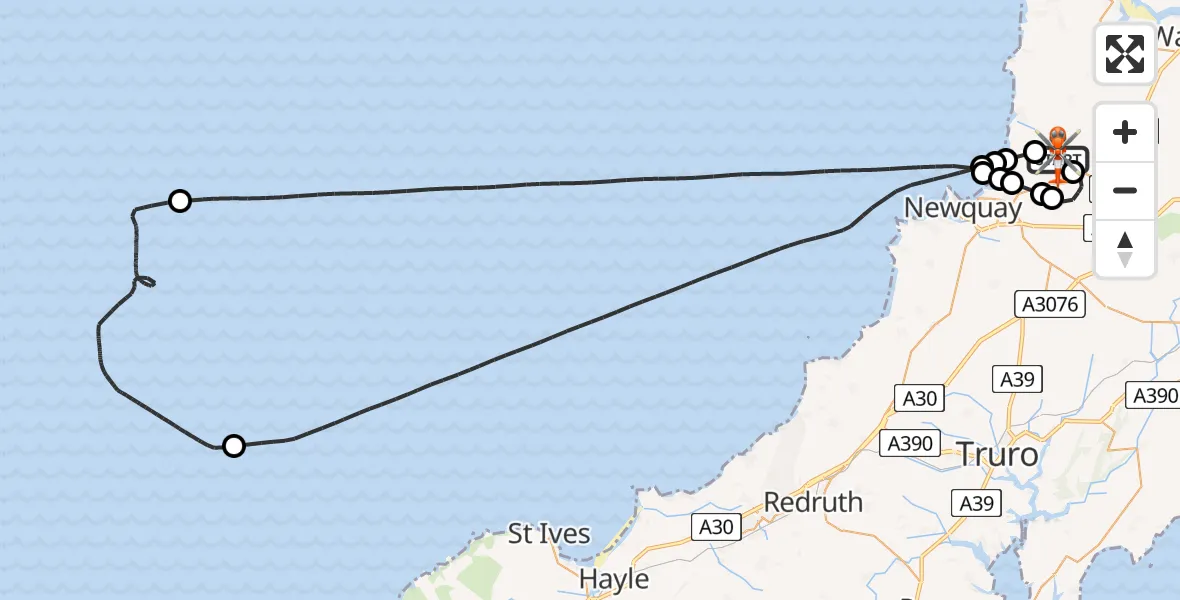 Flight path map showing Coastguard Helicopter route from Cornwall Airport Newquay to Cornwall Airport Newquay