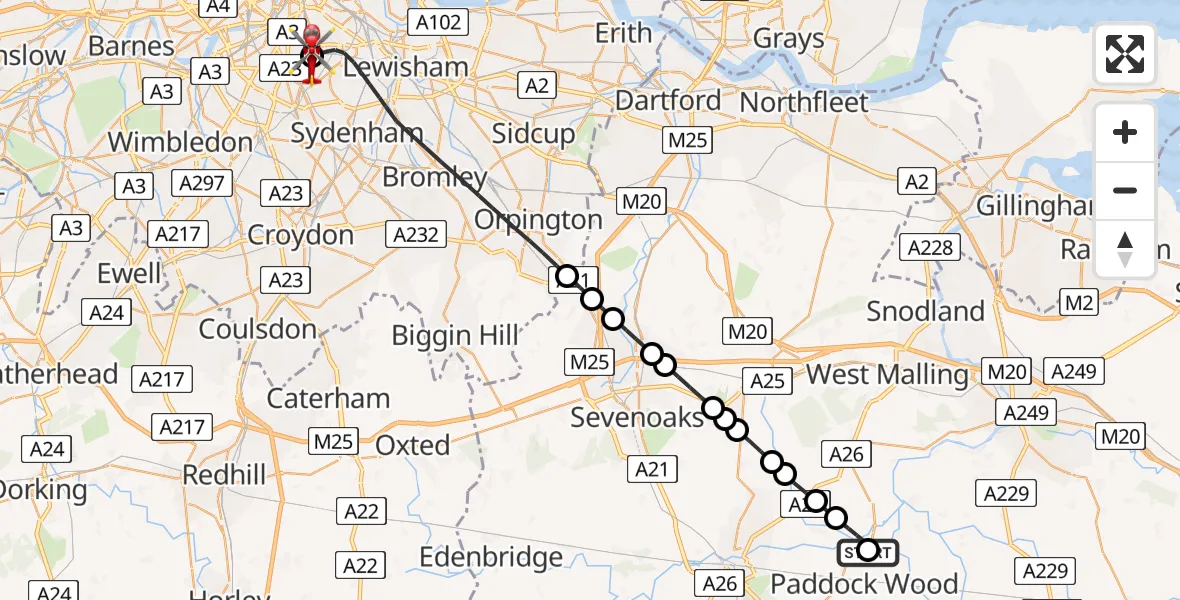 Flight path map showing Air Ambulance Helicopter route from Yalding to Kings College London Hospital