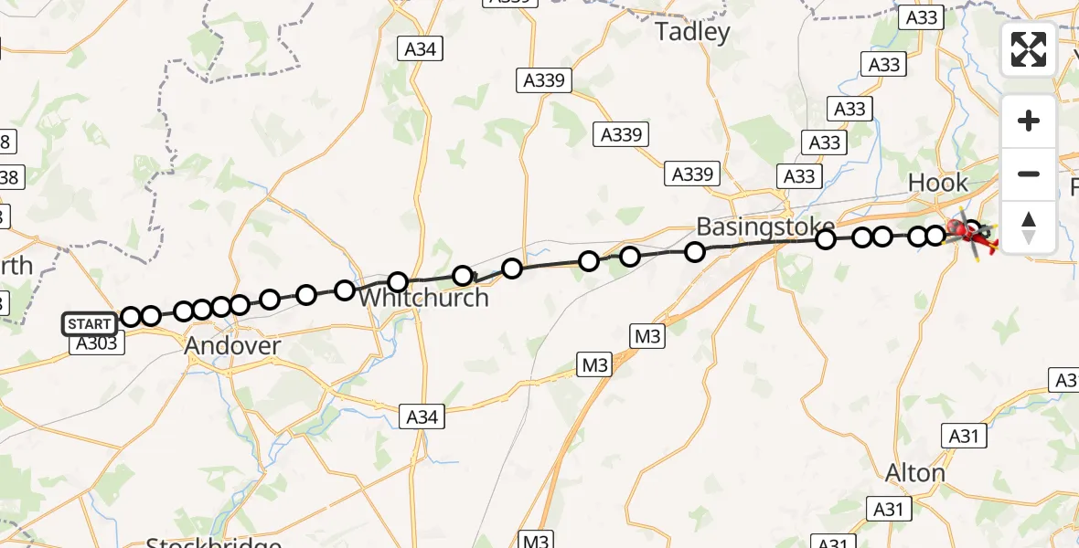 Flight path map showing Air Ambulance Helicopter route from Fyfield to Odiham