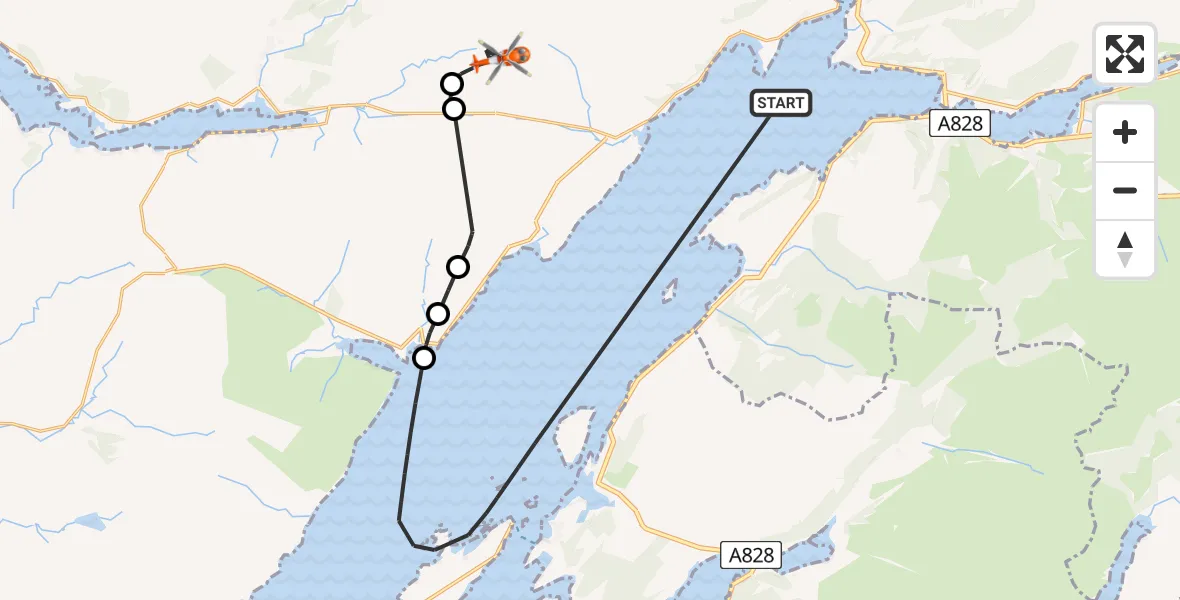 Flight path map showing Coastguard Helicopter route from Inner Seas to Highland