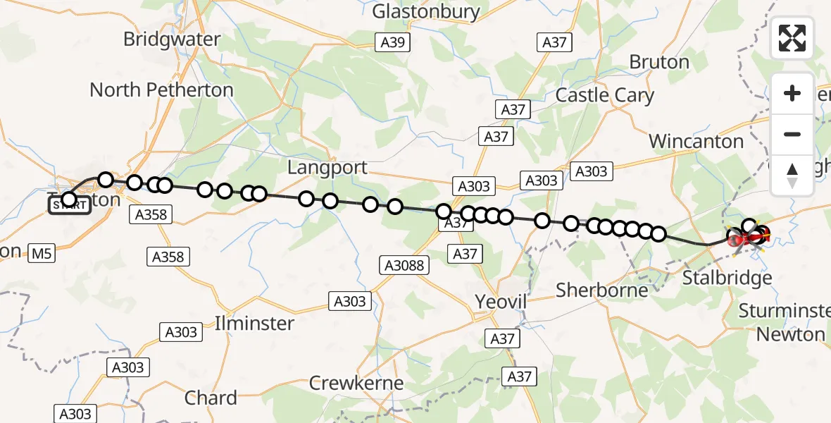 Flight path map showing Air Ambulance Helicopter route from Musgrove Hospital to Henstridge Airfield
