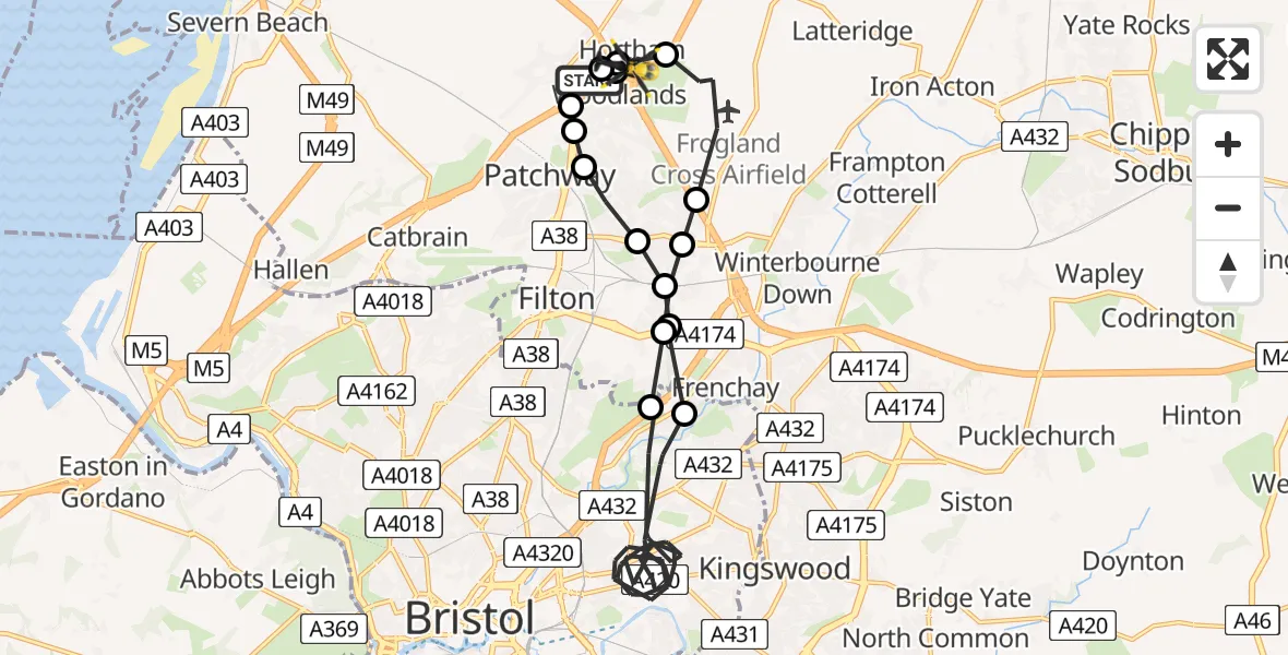 Flight path map showing Police Helicopter route from Almondsbury Helicopter Base to Bristol