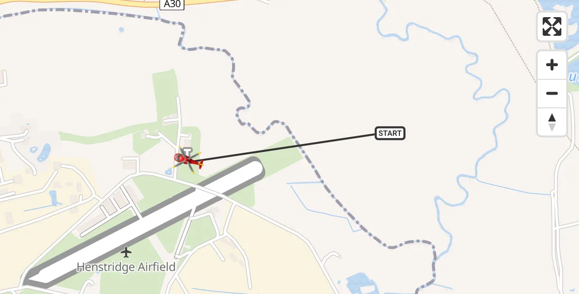Flight path map showing Air Ambulance Helicopter route from Henstridge Airfield to Henstridge Airfield