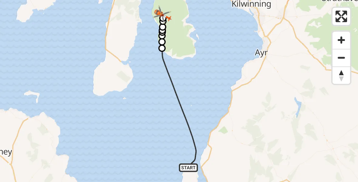 Flight path map showing Coastguard Helicopter route from Inner Seas to North Ayrshire