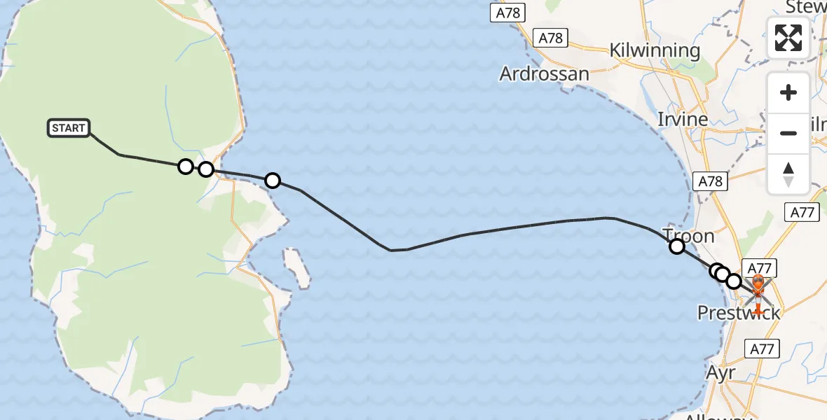 Flight path map showing Coastguard Helicopter route from North Ayrshire to Glasgow Prestwick Airport