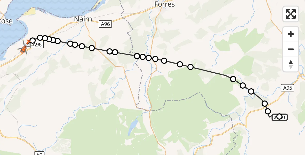 Flight path map showing Coastguard Helicopter route from Edinville to Inverness Airport
