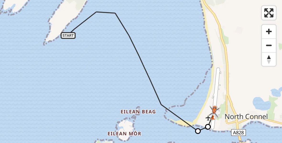 Flight path map showing Coastguard Helicopter route from Inner Seas to Oban Airport