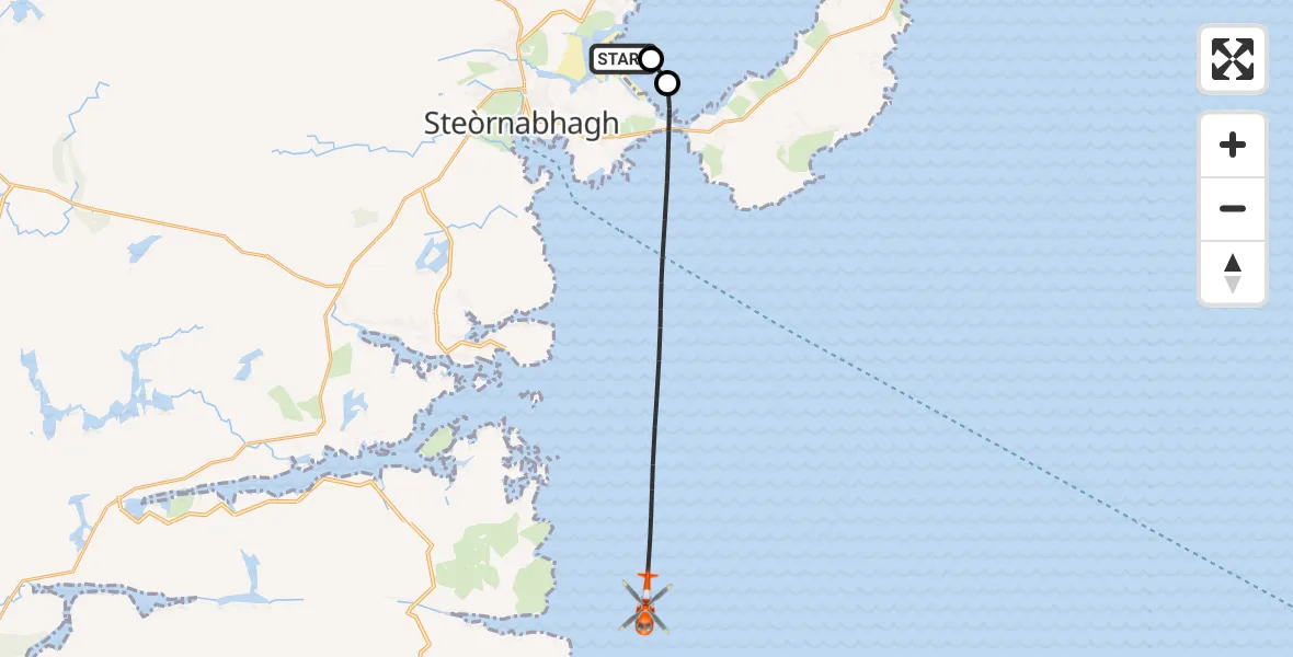 Flight path map showing Coastguard Helicopter route from Àird Thunga to Inner Seas