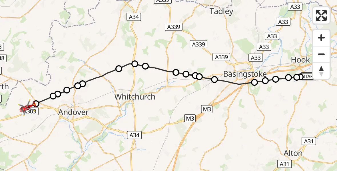 Flight path map showing Air Ambulance Helicopter route from Odiham to Fyfield