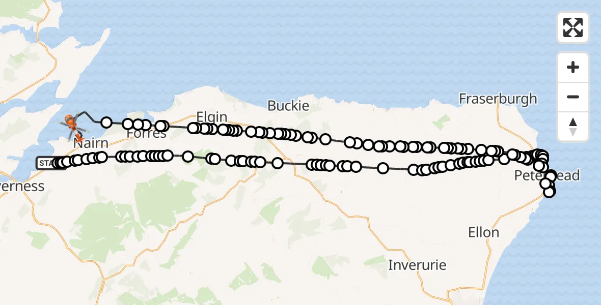 Flight path map showing Coastguard Helicopter route from Inverness Airport to North Sea