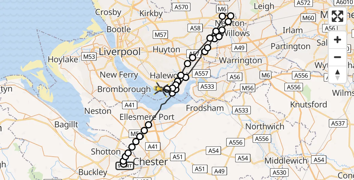 Flight path map showing Police Helicopter route from Hawarden Airport to Liverpool John Lennon Airport