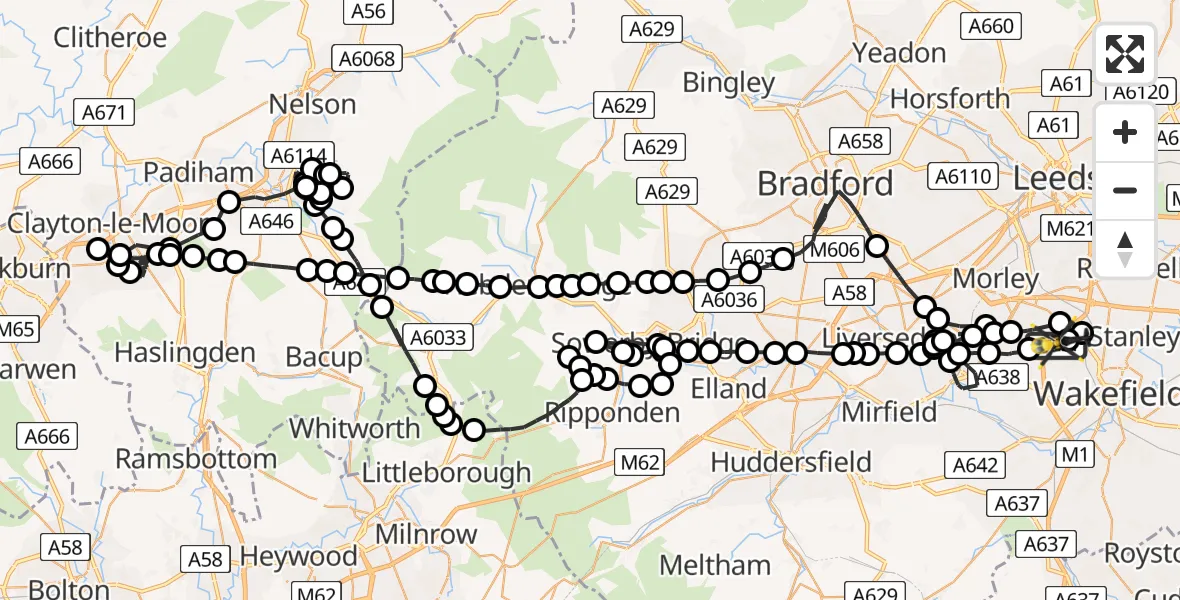 Flight path map showing Police Helicopter route from East Ardsley to East Ardsley