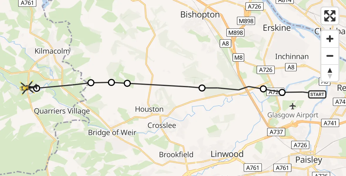 Flight path map showing Police Helicopter route from Glasgow Airport to Kilmacolm
