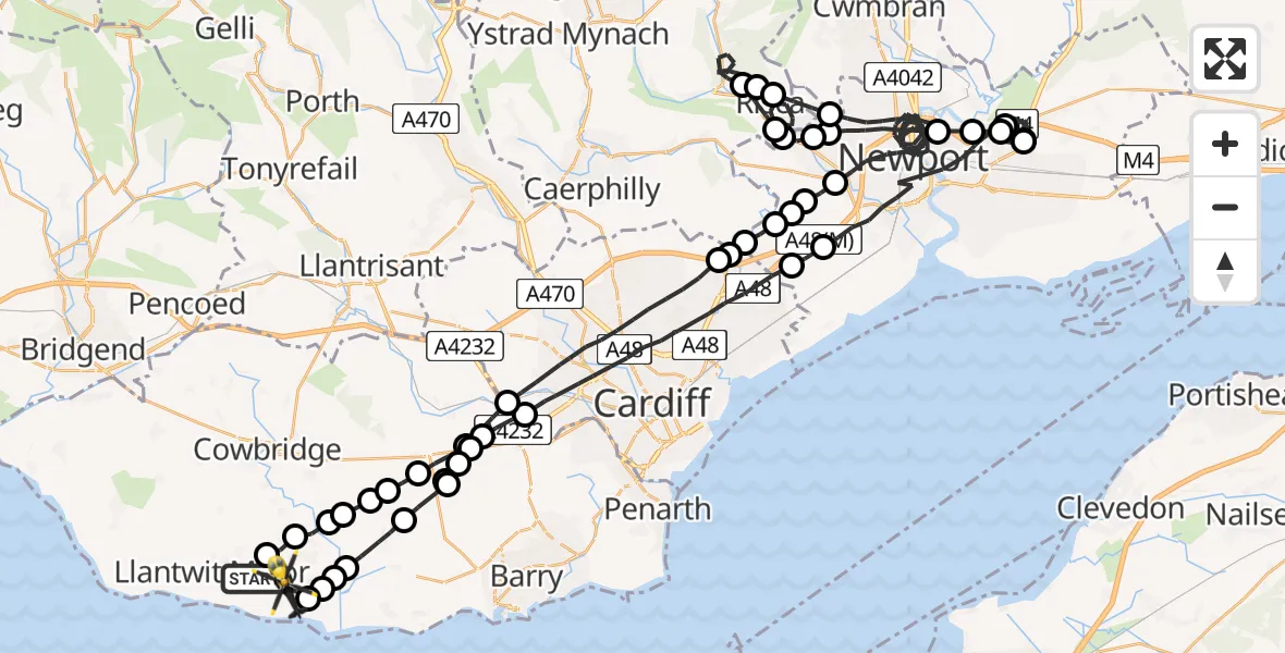Flight path map showing Police Helicopter route from Boverton to MOD St Athan