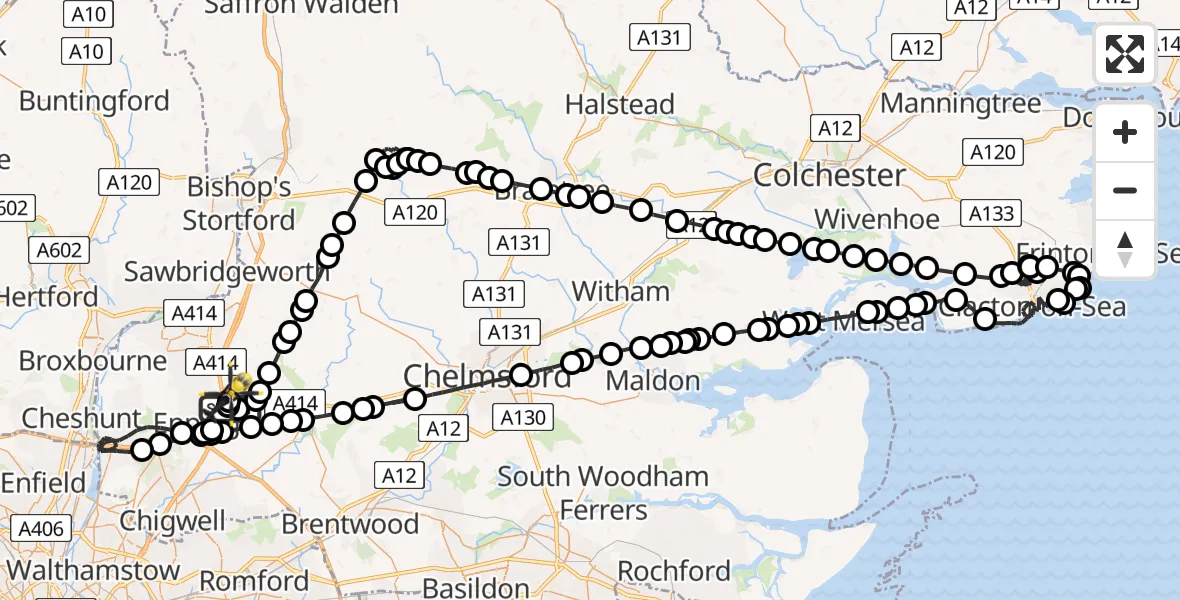 Flight path map showing Police Helicopter route from North Weald Airfield to North Weald Airfield