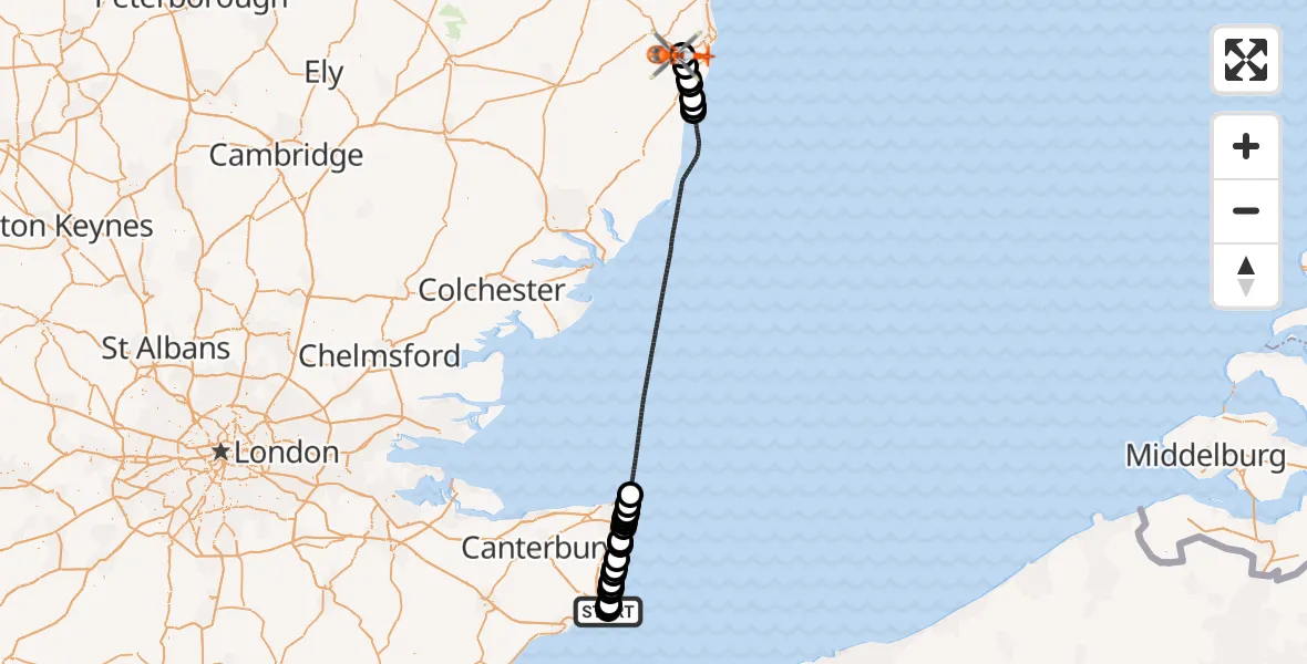 Flight path map showing Coastguard Helicopter route from Langdon Battery Heliport to Beccles Airfield