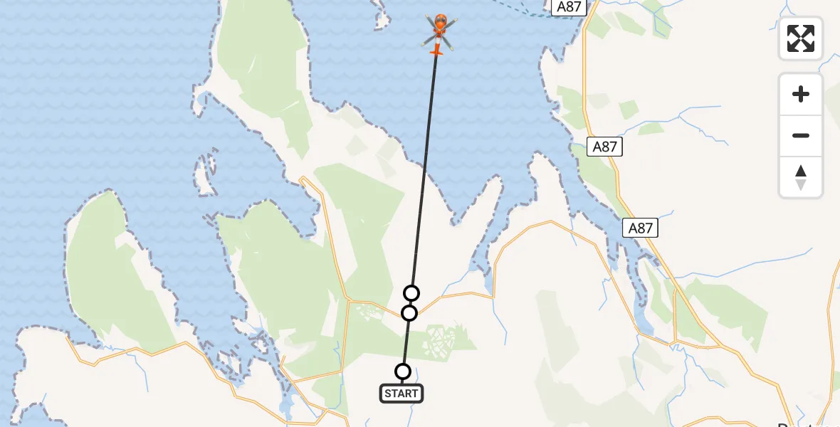 Flight path map showing Coastguard Helicopter route from Upper Feorlig - Feòirlig Àrd to Highland