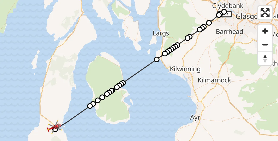 Flight path map showing Air Ambulance Helicopter route from Glasgow Airport to Campbeltown