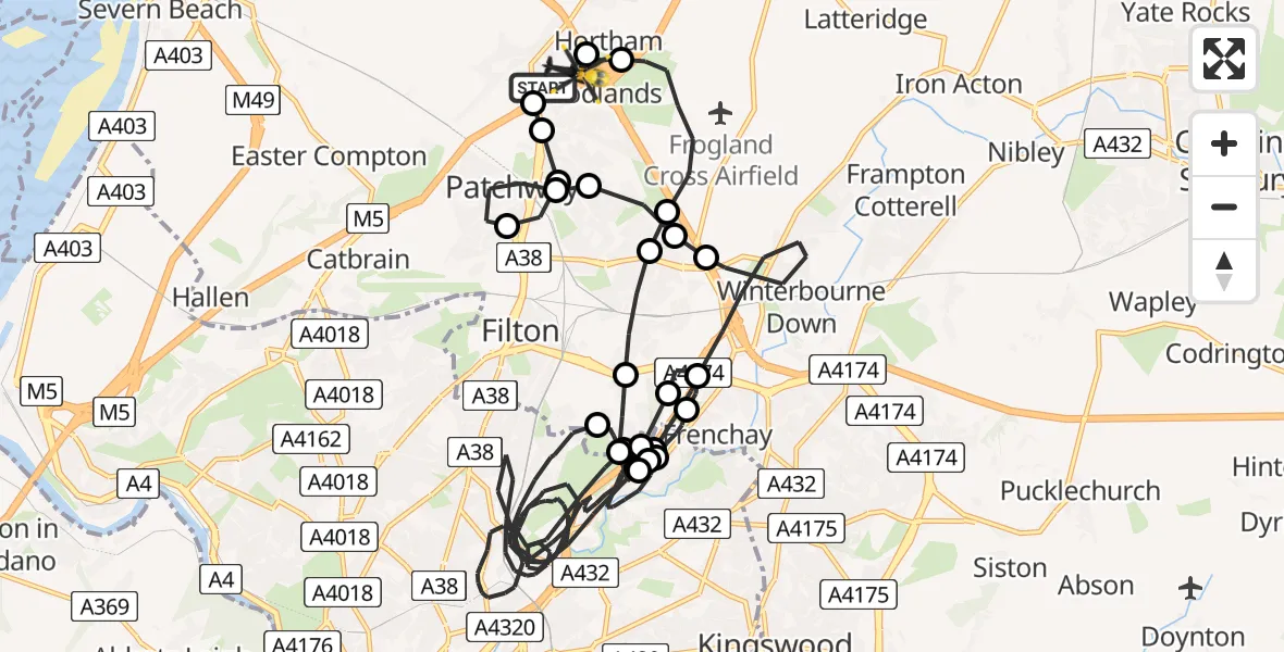 Routekaart van de vlucht: Police Helicopter to Almondsbury Helicopter Base