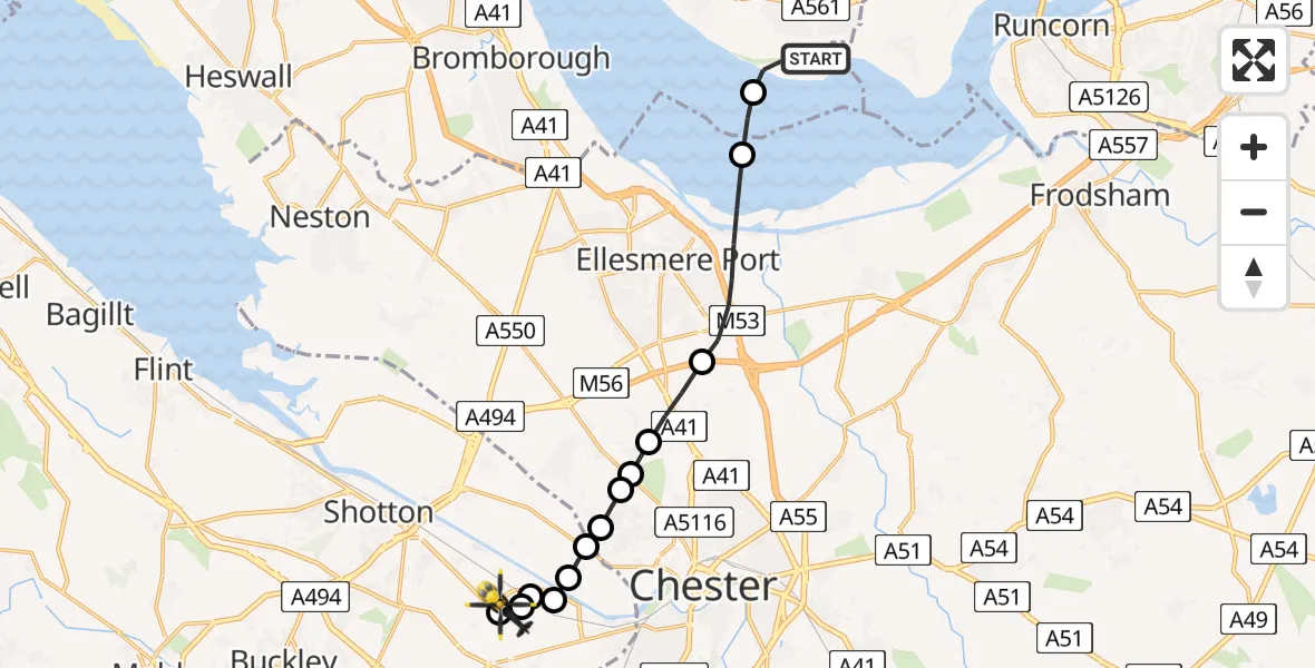 Flight path map showing Police Helicopter route from Liverpool John Lennon Airport to B5129