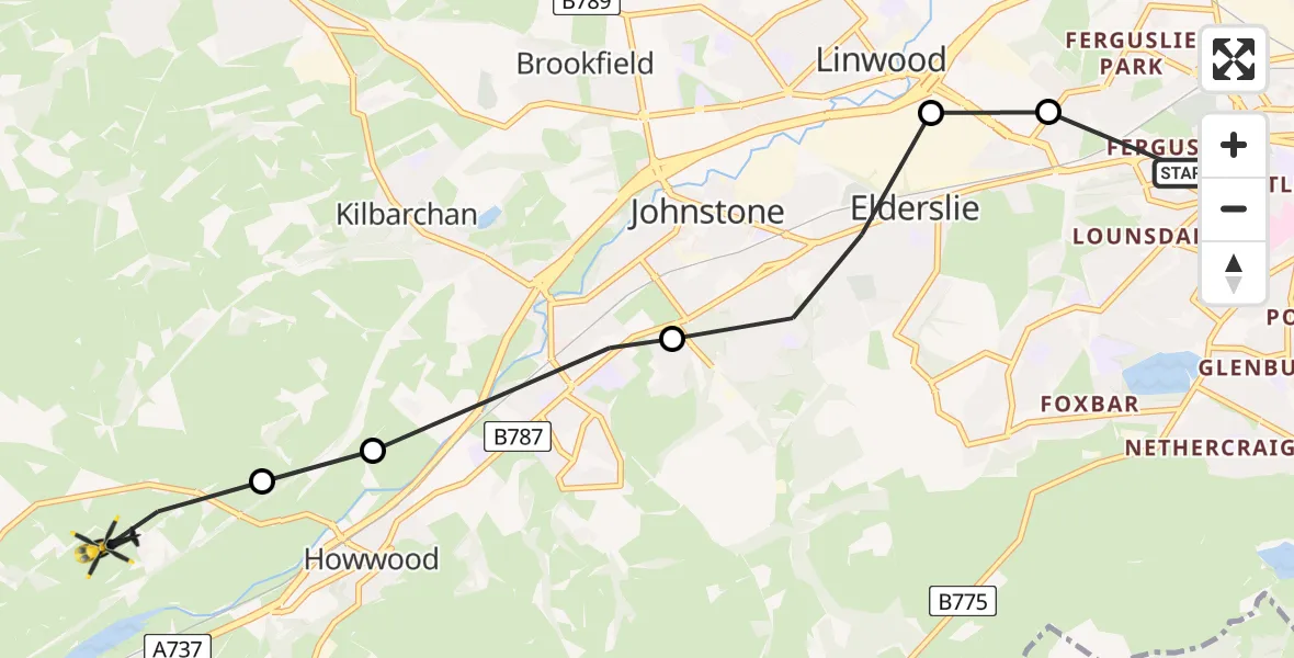 Flight path map showing Police Helicopter route from Paisley to Lochwinnoch