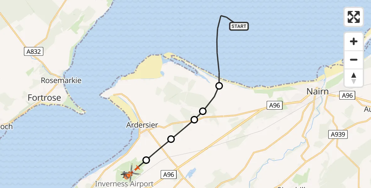 Flight path map showing Coastguard Helicopter route from North Sea to Inverness Airport