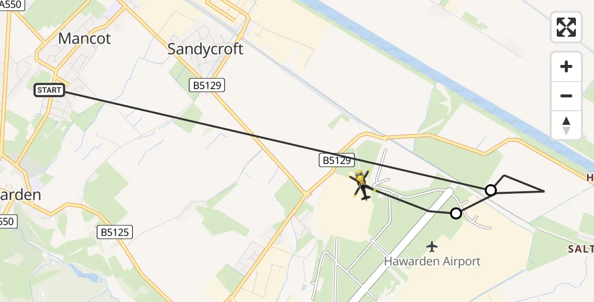 Flight path map showing Police Helicopter route from Hawarden to B5129