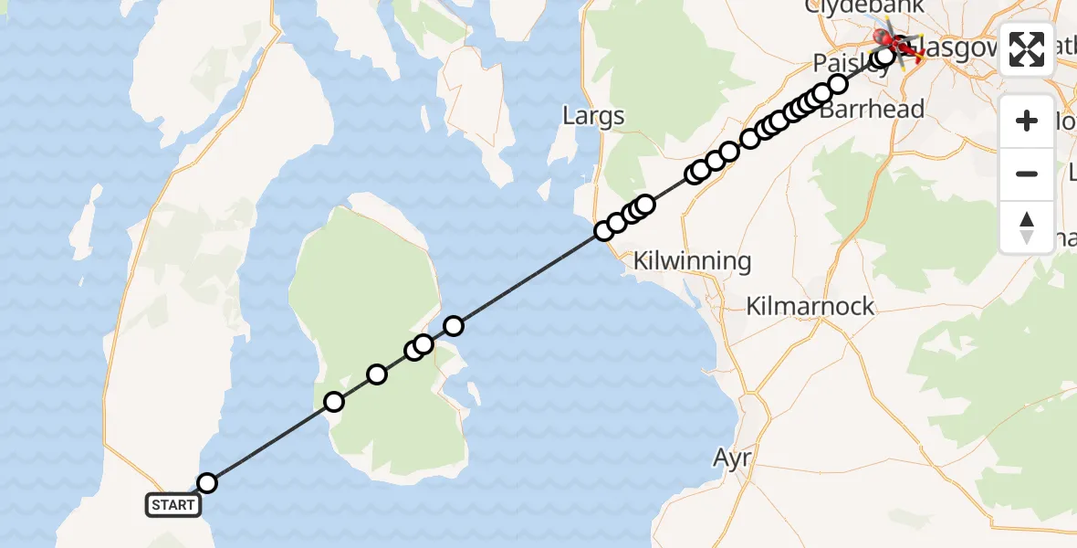 Flight path map showing Air Ambulance Helicopter route from Campbeltown to Queen Elizabeth Hospital