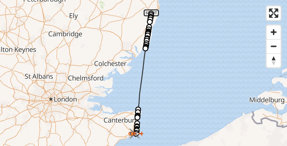 Flight path map showing Coastguard Helicopter route from East Suffolk to Langdon Battery Heliport