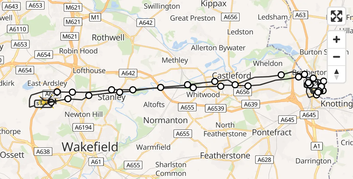 Flight path map showing Police Helicopter route from East Ardsley to East Ardsley