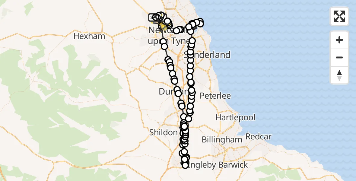 Flight path map showing Police Helicopter route from Newcastle International Airport to Newcastle upon Tyne