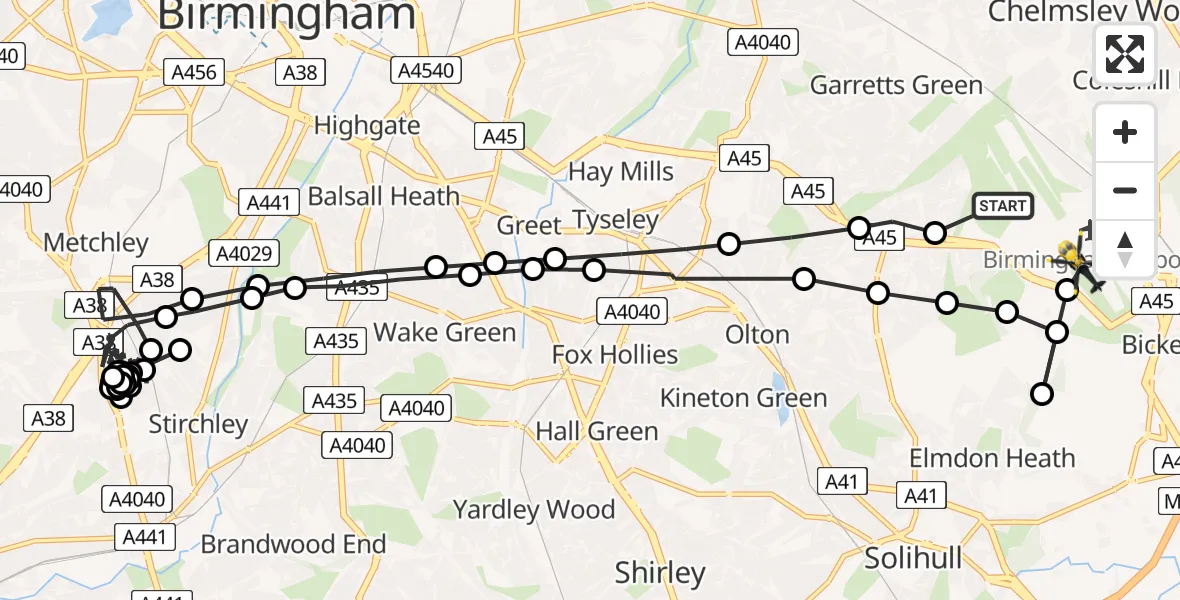 Flight path map showing Police Helicopter route from Birmingham Airport to Birmingham Airport