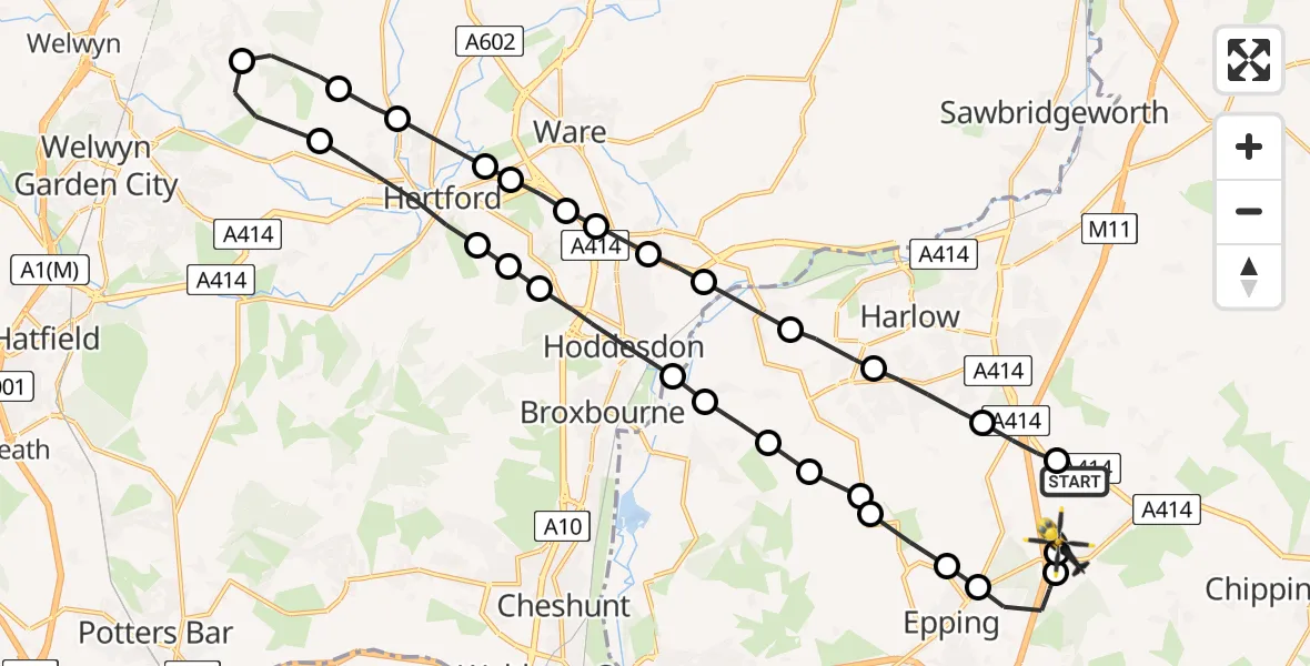 Flight path map showing Police Helicopter route from North Weald Airfield to North Weald Airfield