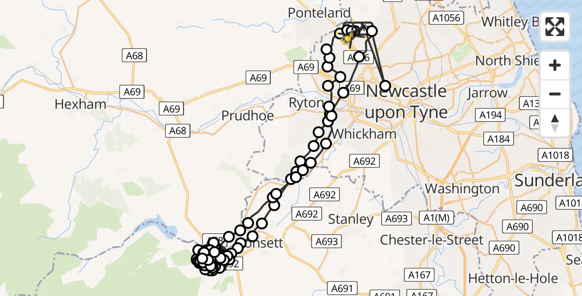 Flight path map showing Police Helicopter route from Newcastle International Airport to Newcastle upon Tyne