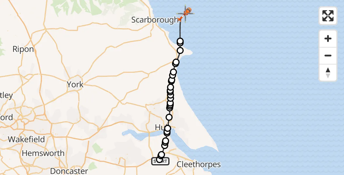 Flight path map showing Coastguard Helicopter route from Humberside Airport to North Sea