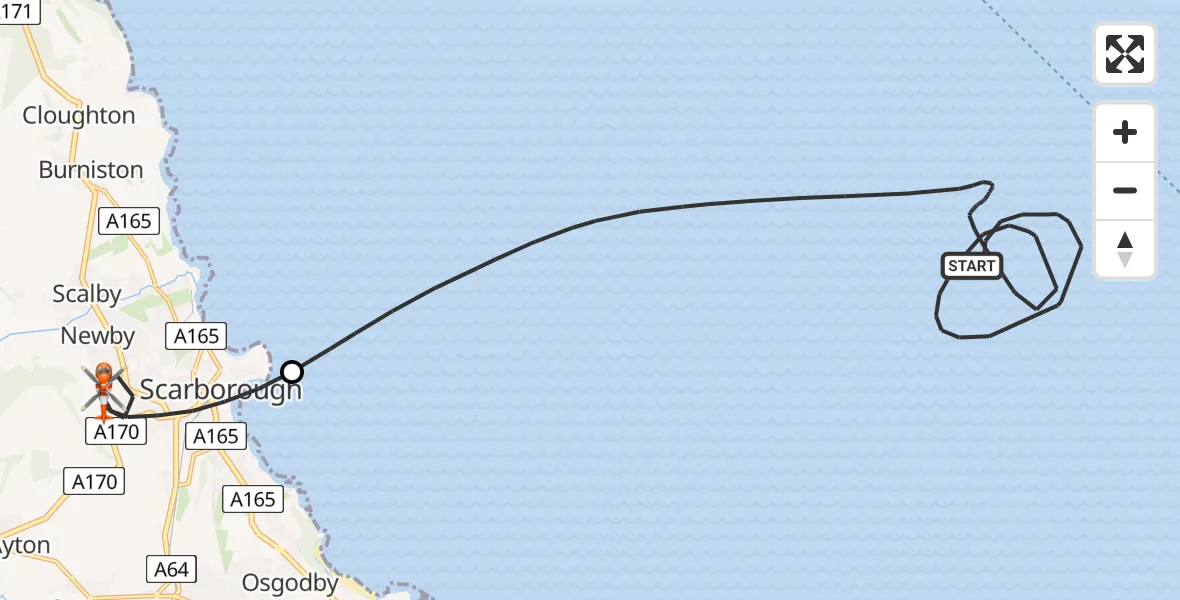 Flight path map showing Coastguard Helicopter route from North Sea to Scarborough