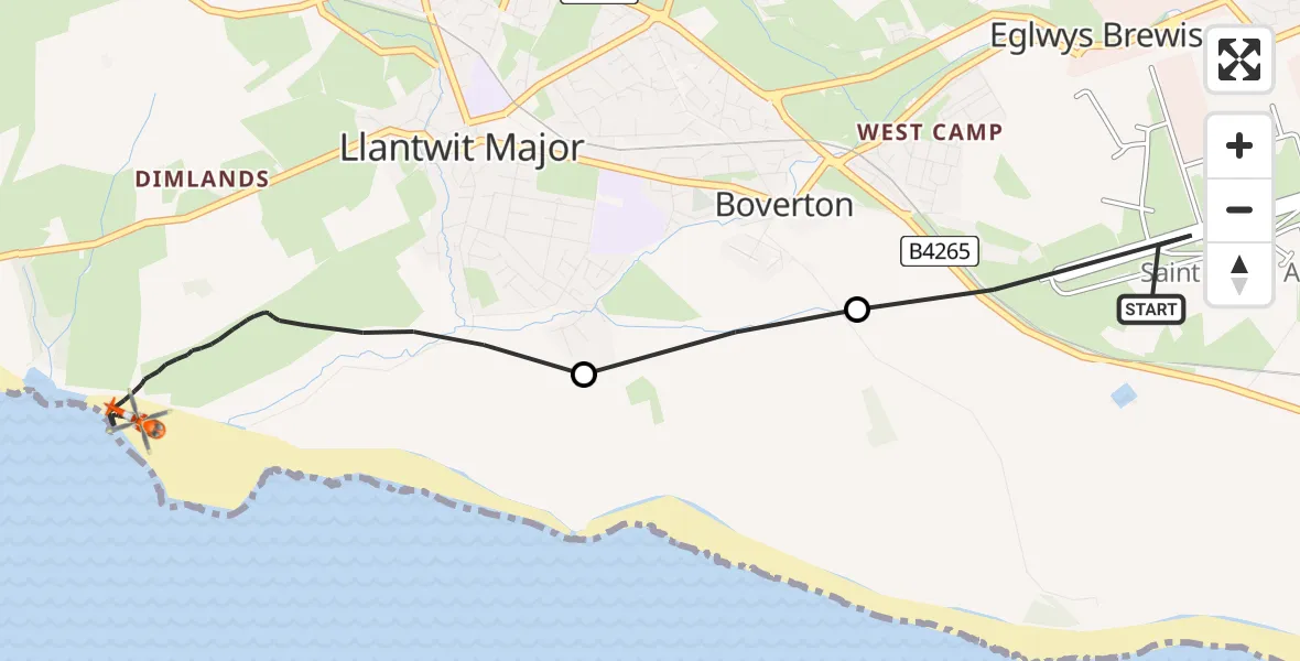 Flight path map showing Coastguard Helicopter route from MOD St Athan to Llantwit Major
